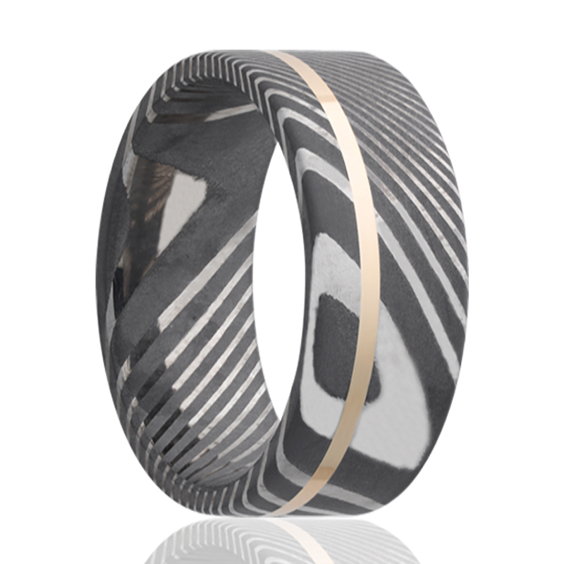 Damascus Steel and 14K Yellow Gold Inlay 8mm Wedding Band
