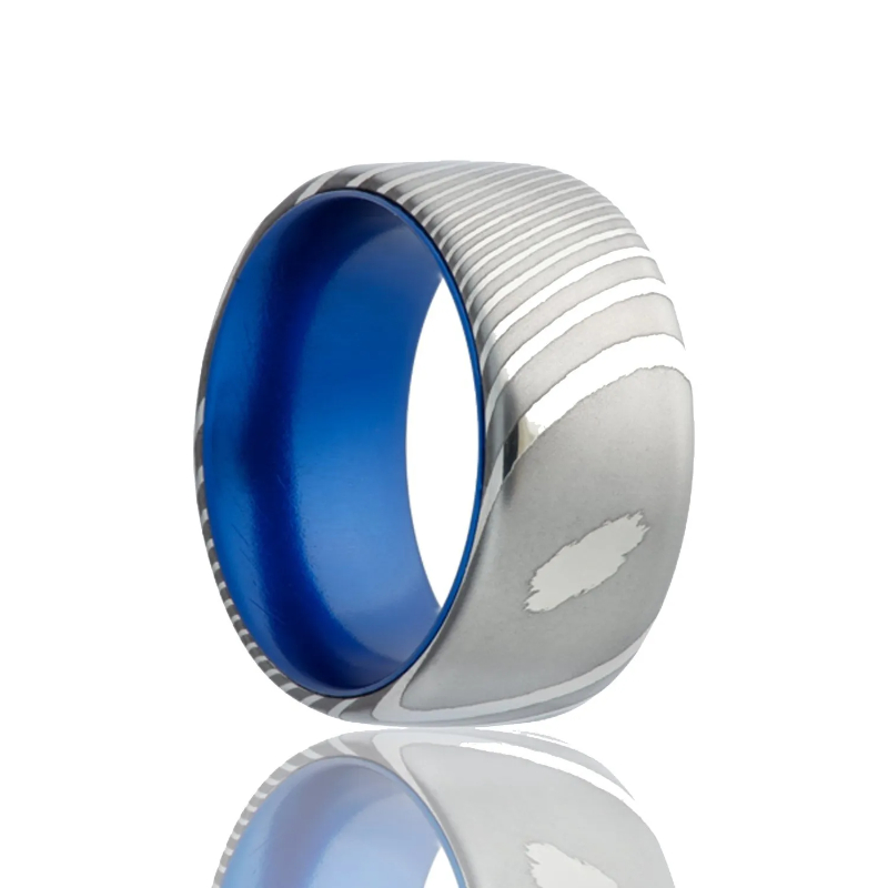 Damascus Steel and Blue Inlay 7mm Wedding Band